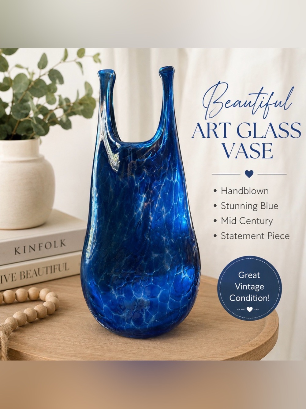 Hand Blown Art Glass Speckled Iridescent Cobalt Shopping Bag 2010